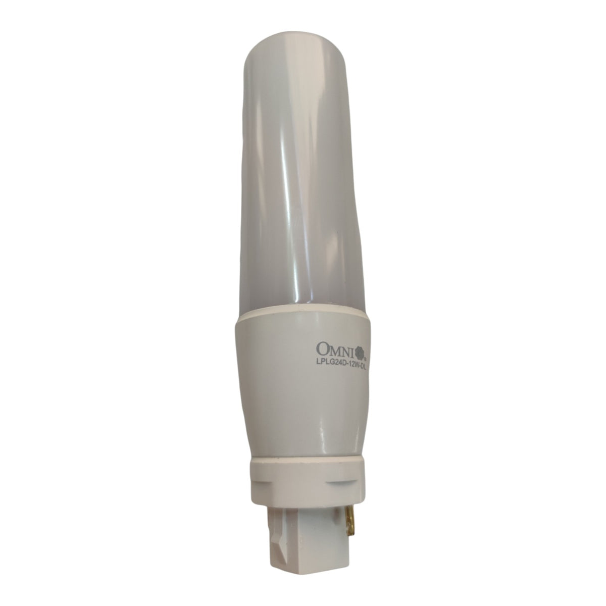A compact fluorescent light (CFL) tube with a white plastic base and a translucent white glass bulb, featuring the 'Omni' brand logo printed on the white collar.