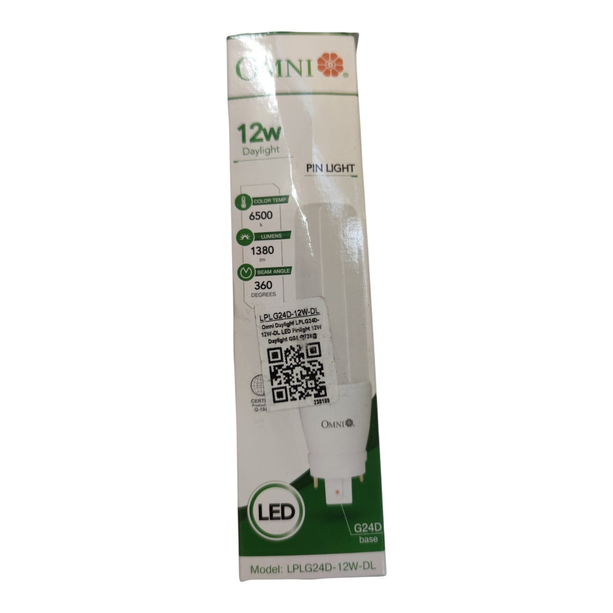 A 12W LED G128 bulb in its original white and green packaging box, featuring the brand name 'Omini' and product specifications.