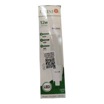 A 12W LED G128 bulb in its original white and green packaging box, featuring the brand name 'Omini' and product specifications.