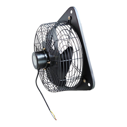 Black wall-mounted electric fan with a protective wire grille and a power cord, shown against a plain white background.