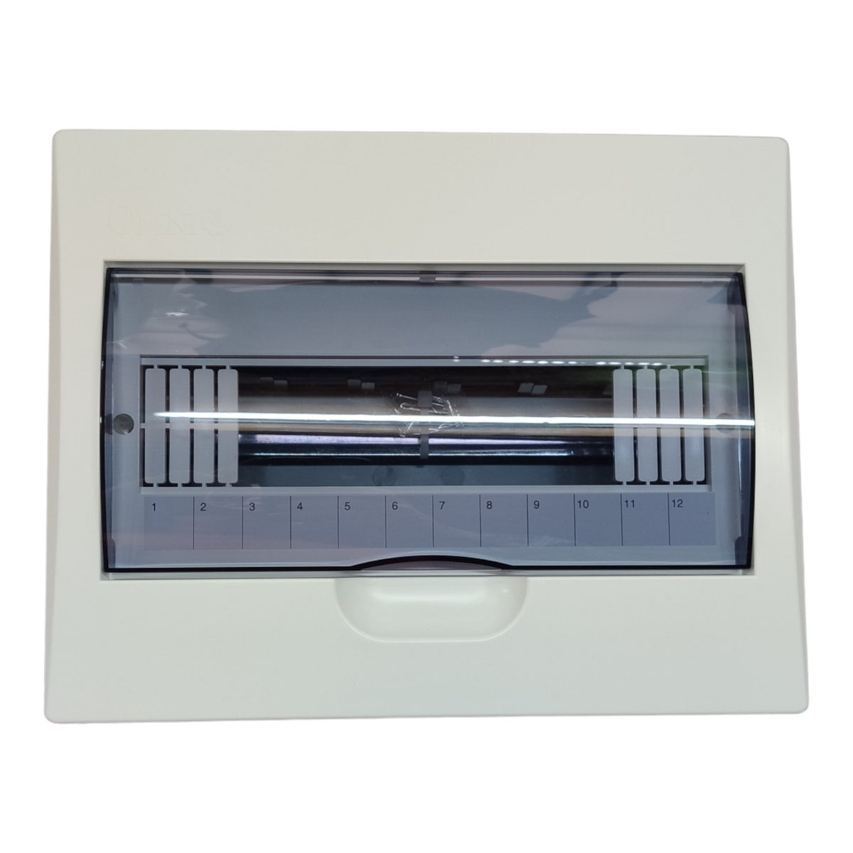 A white electrical distribution board or circuit breaker box with a transparent viewing window showing internal components and numbered terminals from 1 to 12.