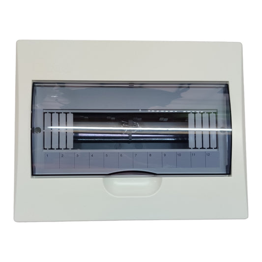 A white electrical distribution board or circuit breaker box with a transparent viewing window showing internal components and numbered terminals from 1 to 12.