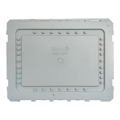 A light gray industrial metal enclosure cover with a raised rectangular center panel, decorative rivet-like dots around the border, and embossed branding reading MNI and MDB-12PP.