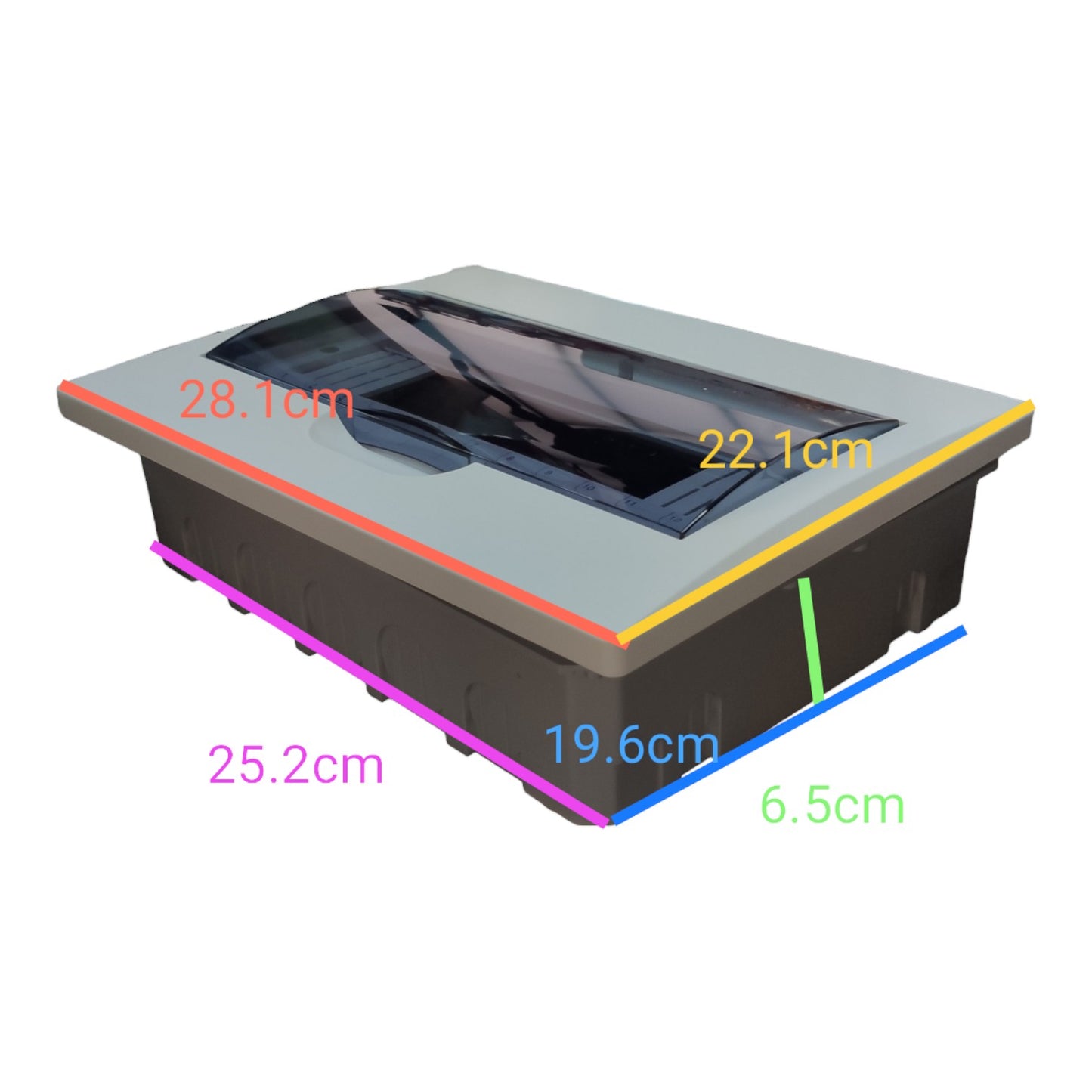 A rectangular hot tub or spa shown at an angle with overlaid dimension labels and colored measurement lines indicating 28.1 cm, 22.