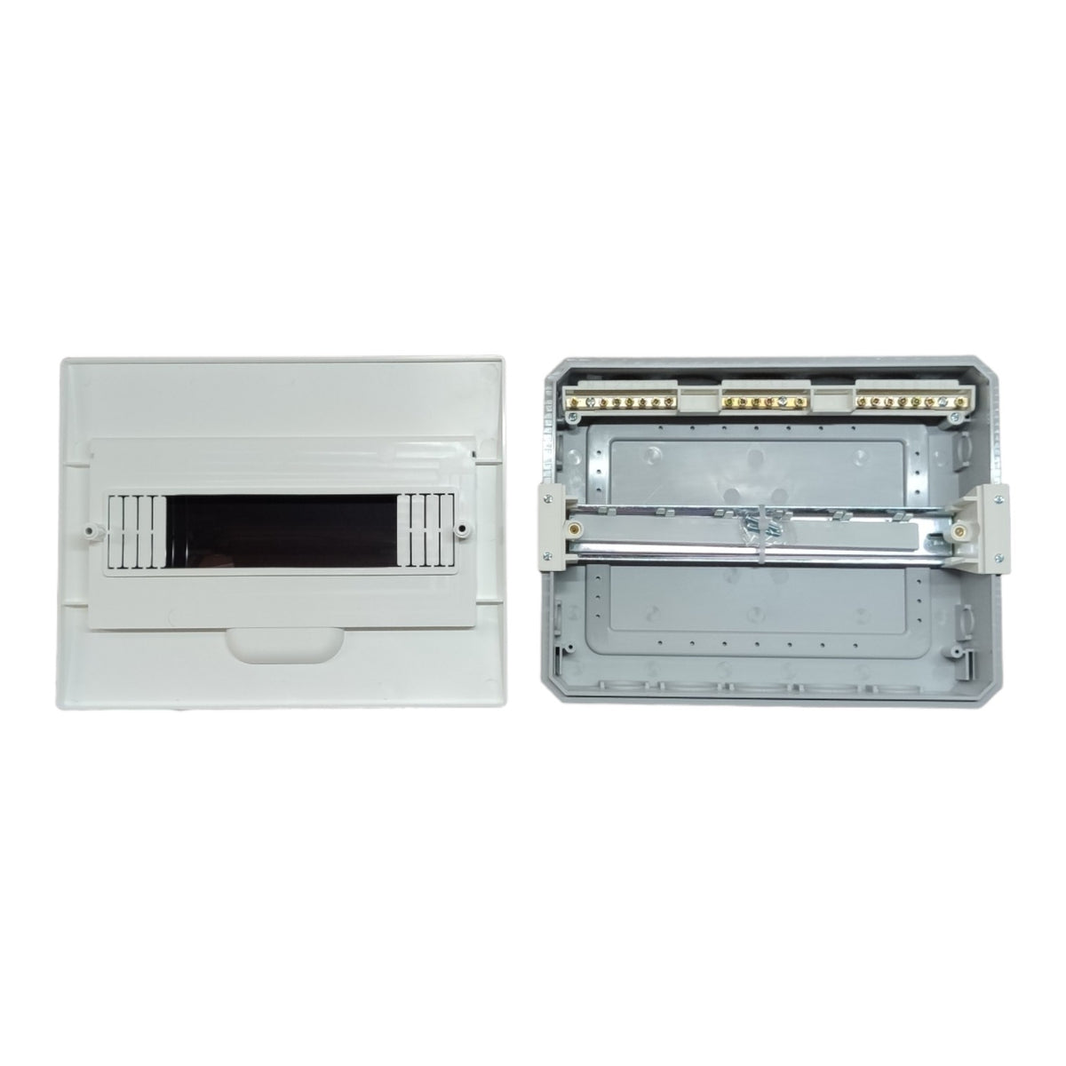 An electrical distribution board or switch cabinet shown open, displaying both the front faceplate with a central dark inspection window and the exposed internal metal tray, bus bars, and terminal connectors.