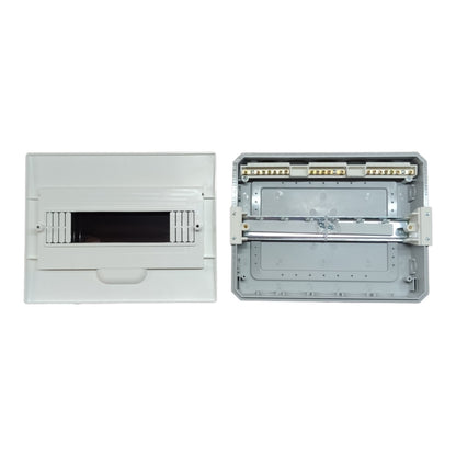 An electrical distribution board or switch cabinet shown open, displaying both the front faceplate with a central dark inspection window and the exposed internal metal tray, bus bars, and terminal connectors.