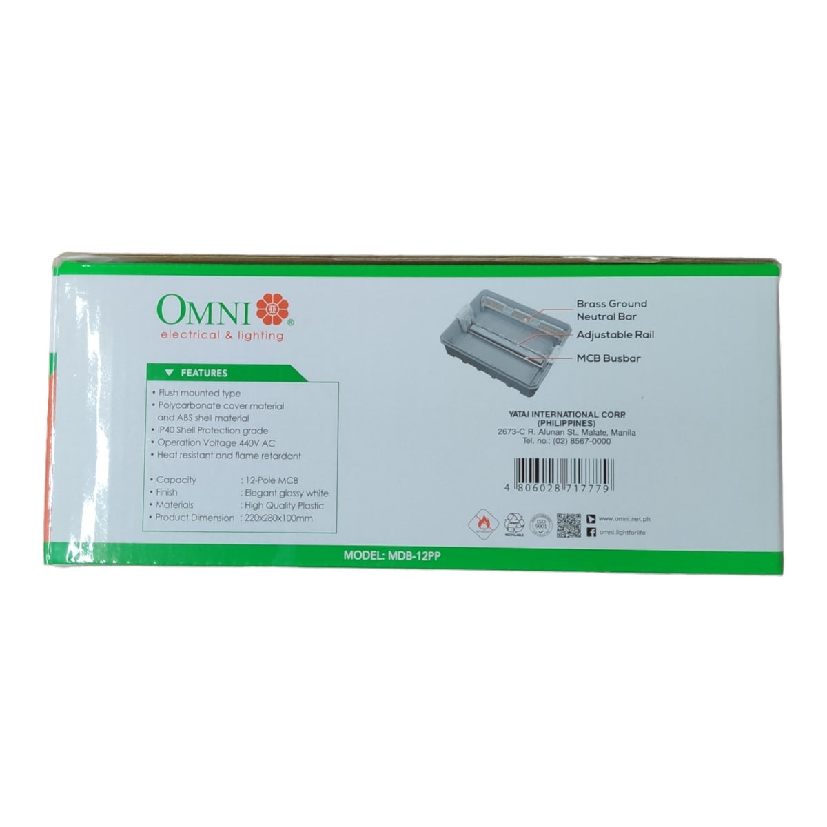 OMNI Electrical & Lighting MCB 120F cartridge fuse holder packaging box, showing product features, dimensions, and a diagram of the fuse holder on a white background.