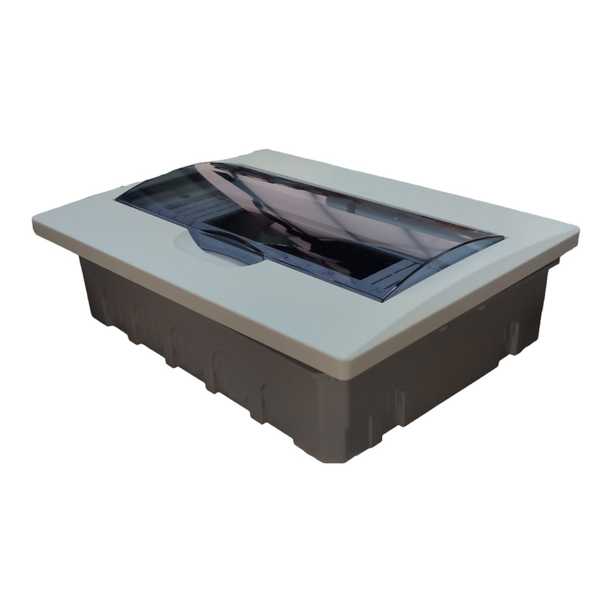 A rectangular outdoor fire pit table with a light gray top lid, a dark gray base, and a clear acrylic wind guard on top, shown on a plain white background.