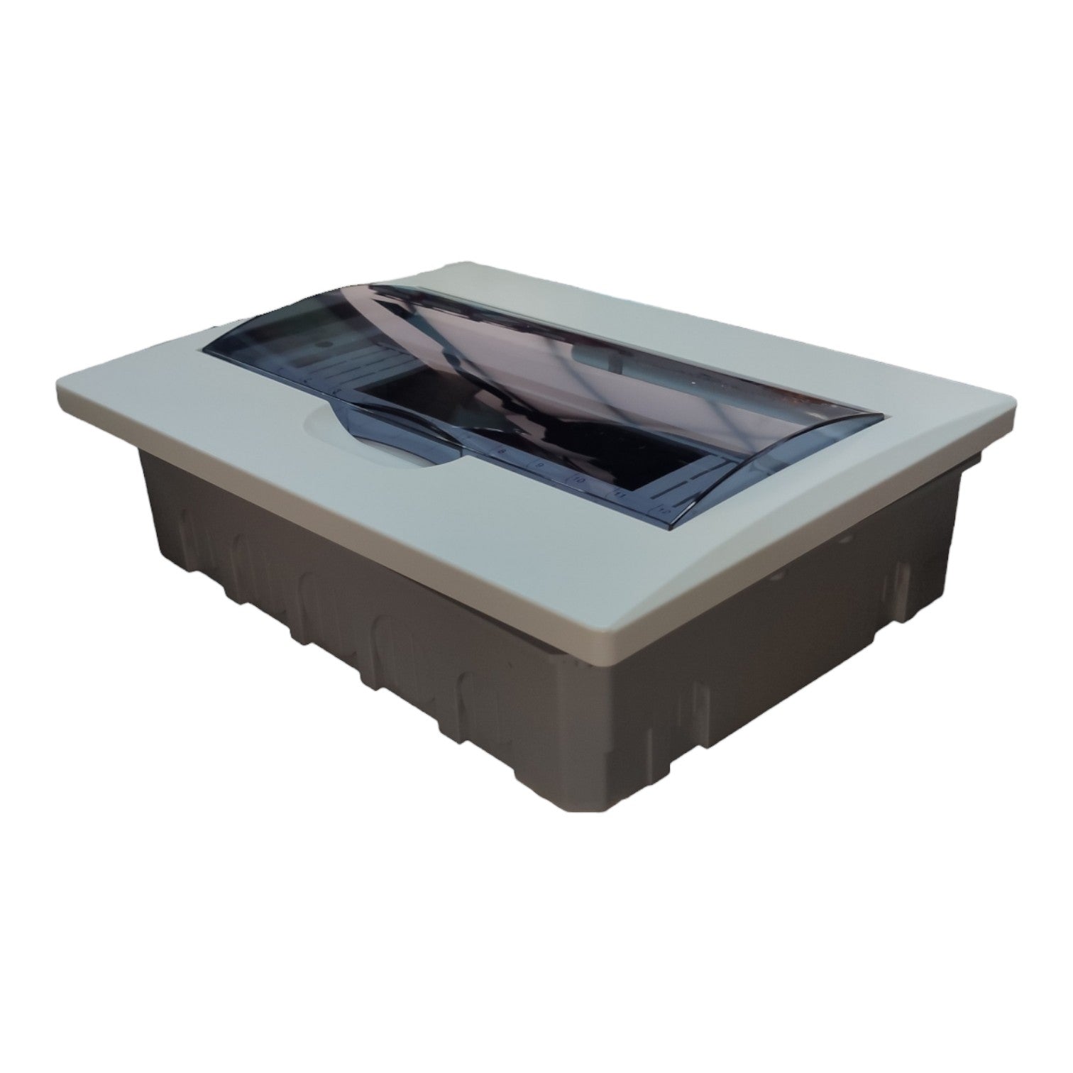 A rectangular outdoor fire pit table with a light gray top lid, a dark gray base, and a clear acrylic wind guard on top, shown on a plain white background.