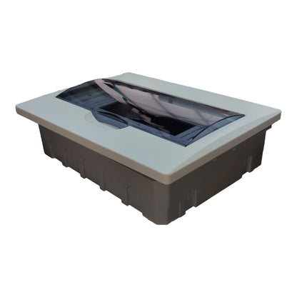 A rectangular outdoor fire pit table with a light gray top lid, a dark gray base, and a clear acrylic wind guard on top, shown on a plain white background.