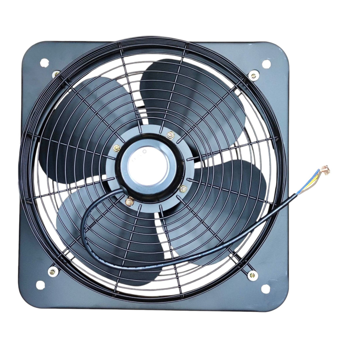 A square black industrial fan with a protective wire grille, four mounting screws, and a single wire connector on the right side, shown against a plain white background.