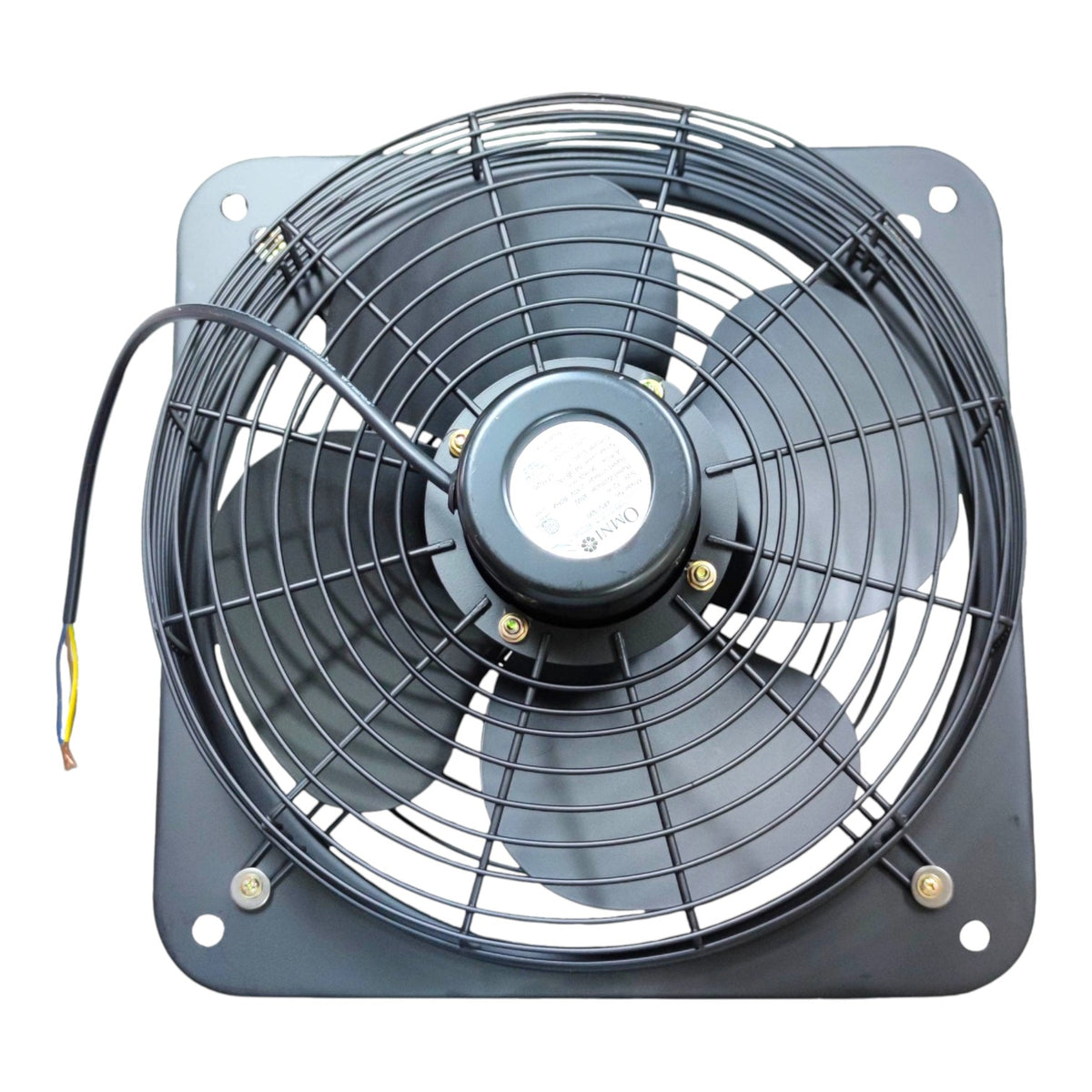 A square black metal exhaust fan with a protective wire grille, three dark gray blades, and a black power cord with yellow and white wire tips, shown against a plain white background.