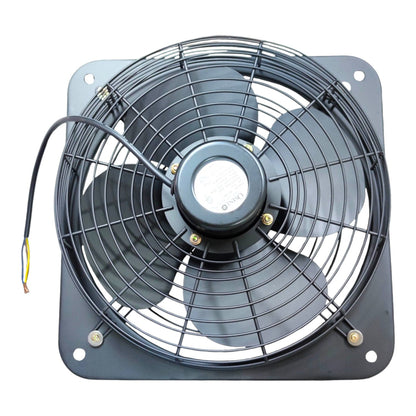 A square black metal exhaust fan with a protective wire grille, three dark gray blades, and a black power cord with yellow and white wire tips, shown against a plain white background.
