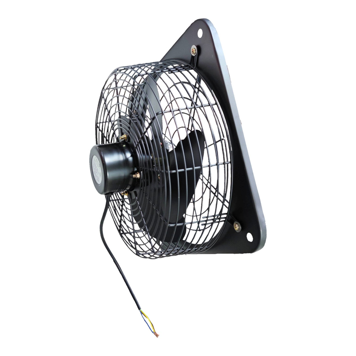 Black wall-mounted electric fan with a protective wire grille and a power cord, shown against a plain white background.