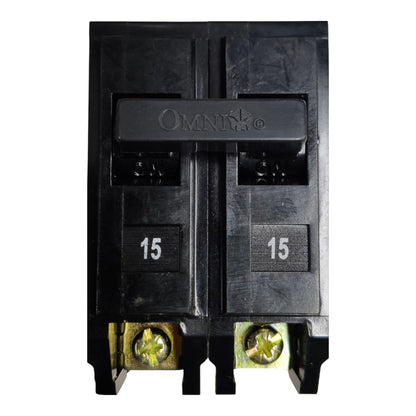 A black double-pole miniature circuit breaker with brass screw terminals and white '15' markings, featuring the embossed brand name 'OMNI' on the top handle.