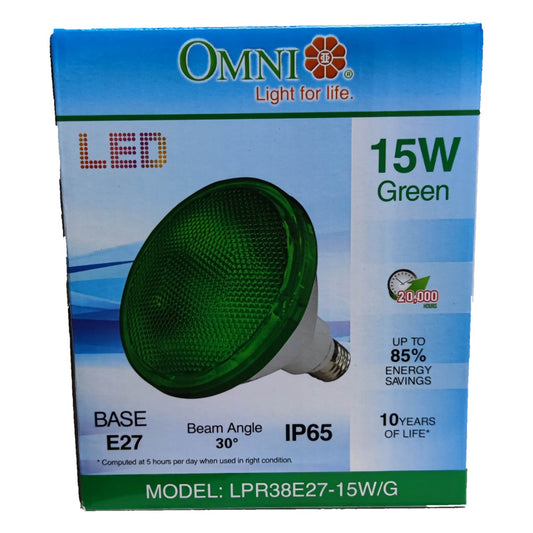 Box of Omni LED green light bulb with specifications on a white background