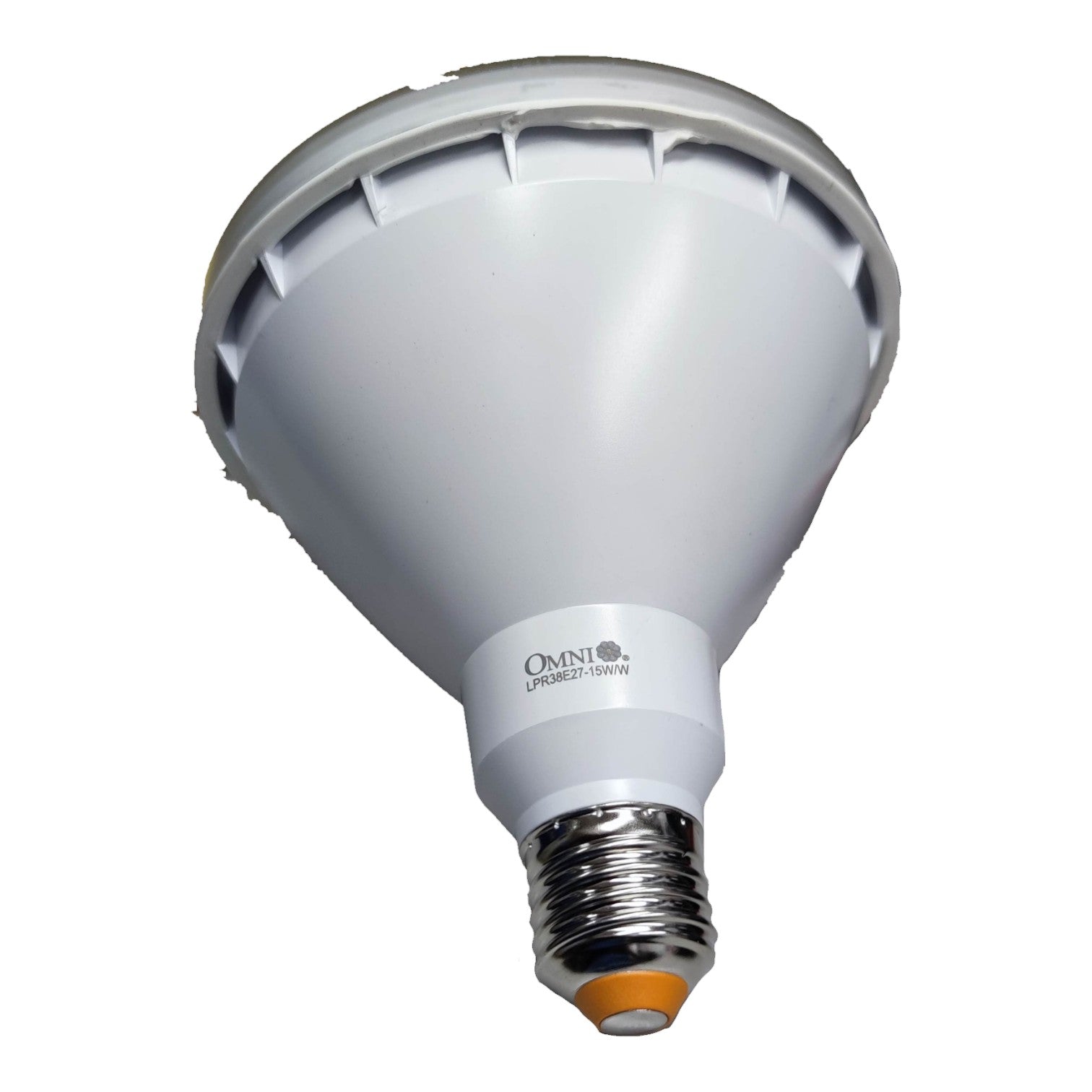 White PAR38 LED light bulb with Omni branding on a white background