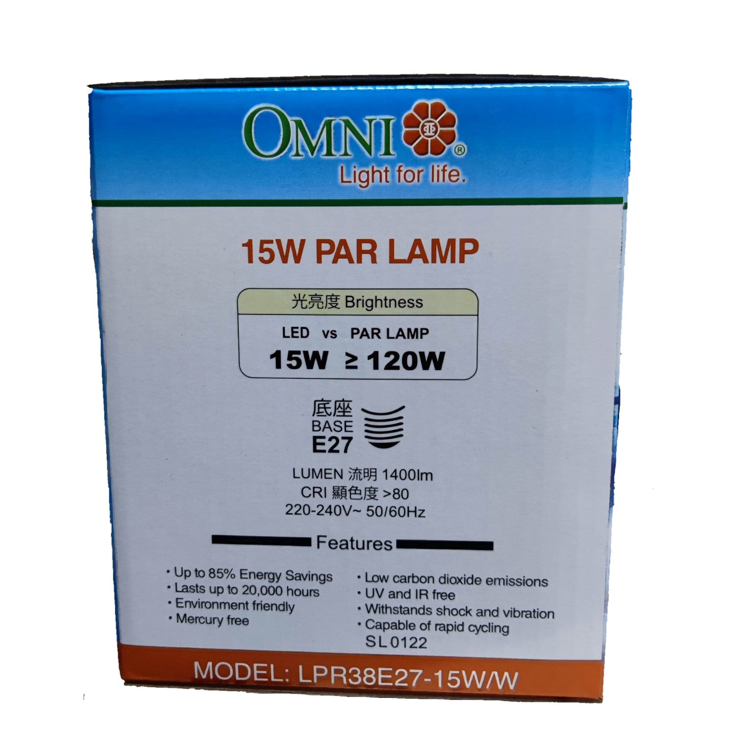 OMNI 15W PAR LAMP packaging with specifications on a white background