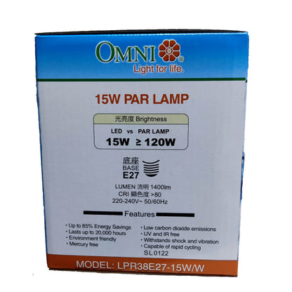 OMNI 15W PAR LAMP packaging with specifications on a white background