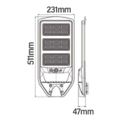 Technical dimension diagram of a rectangular outdoor light fixture with a side profile view, showing measurements of 511mm height, 231mm width, and 47mm depth on a white background.