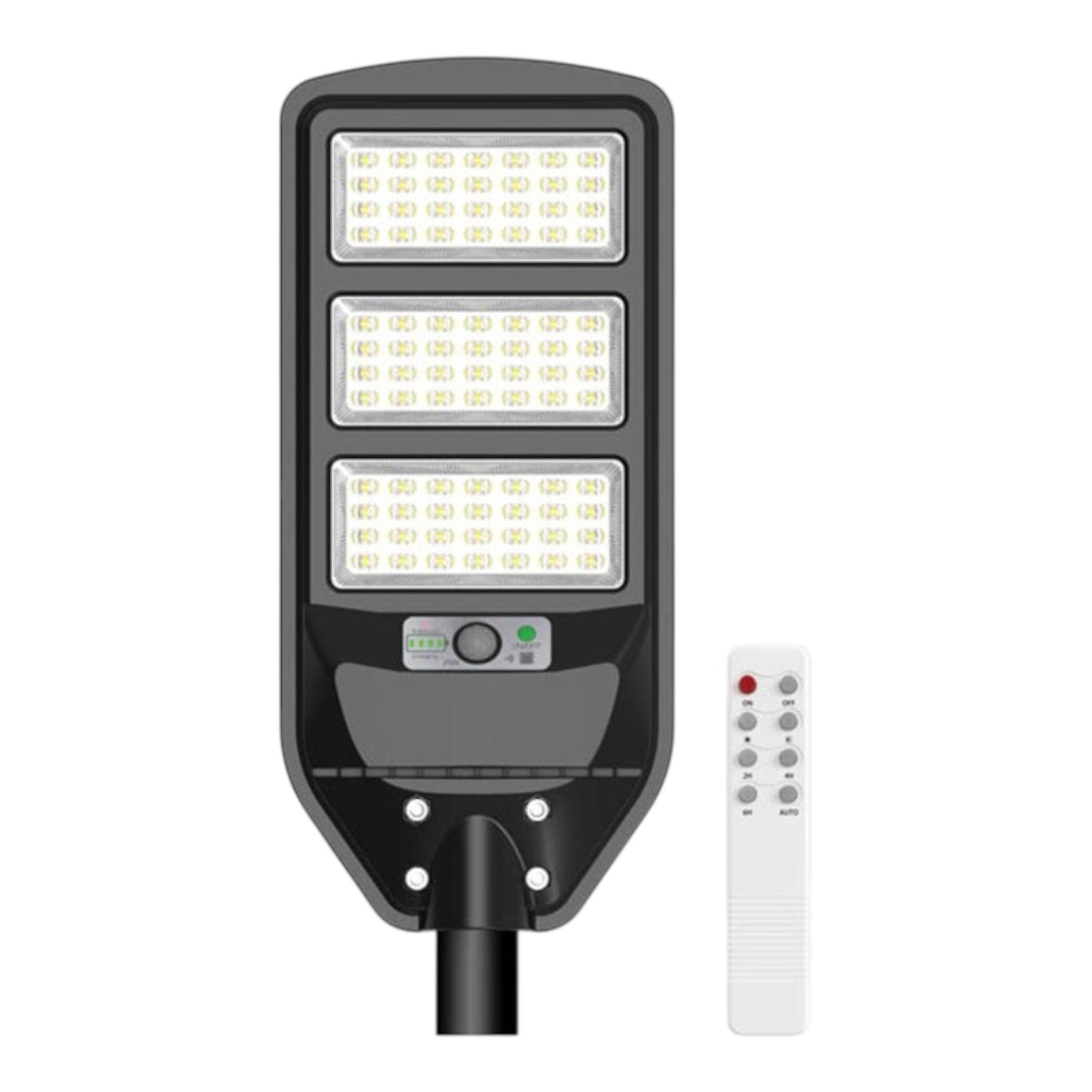 A black modern solar street light with three illuminated LED panels, shown with a white remote control on a plain white background.