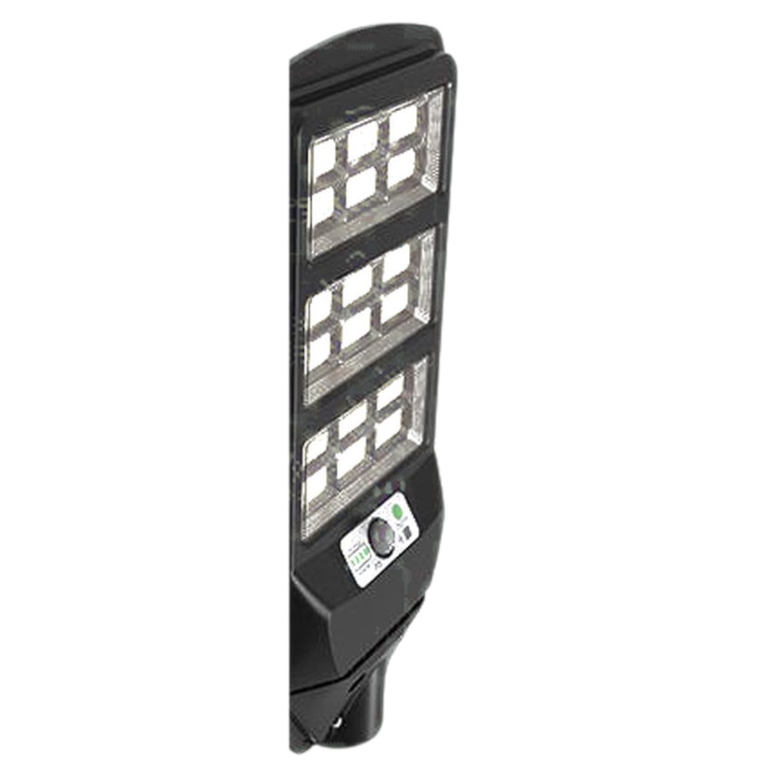 A black LED street light fixture with three illuminated light panels and a control button, shown on a plain white background.