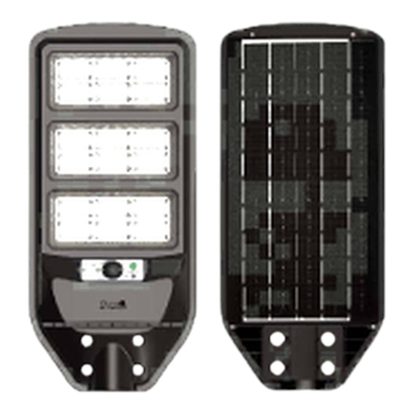 Two views of a solar-powered LED street light: the front view showing three rectangular LED panels and the back view showing the solar cell array, isolated on a white background.