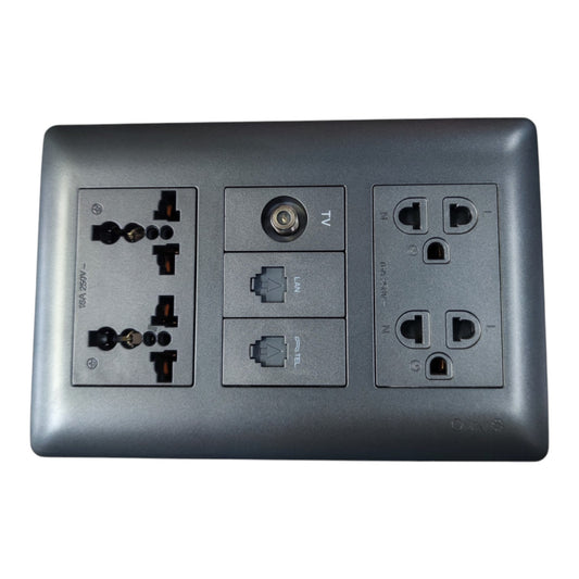 A dark gray wall outlet power strip featuring multiple electrical outlets, two RJ45 network ports, and a TV antenna port, shown against a plain white background.