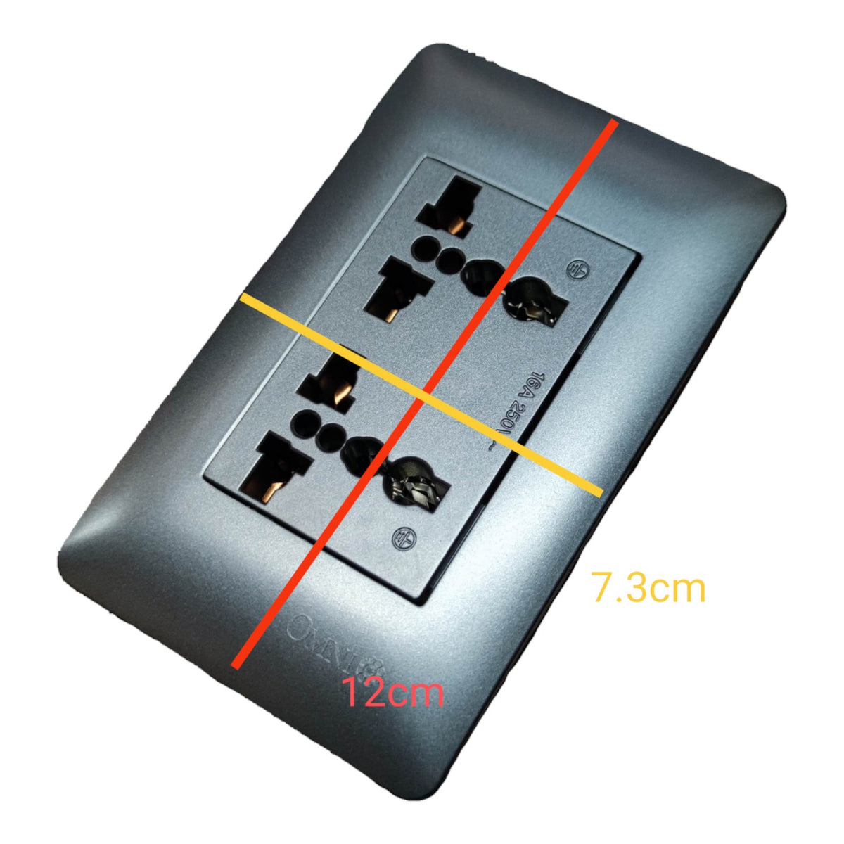 A dual electrical outlet cover plate shown on a white background with overlaid dimension lines and text indicating 12cm and 7.3cm measurements.