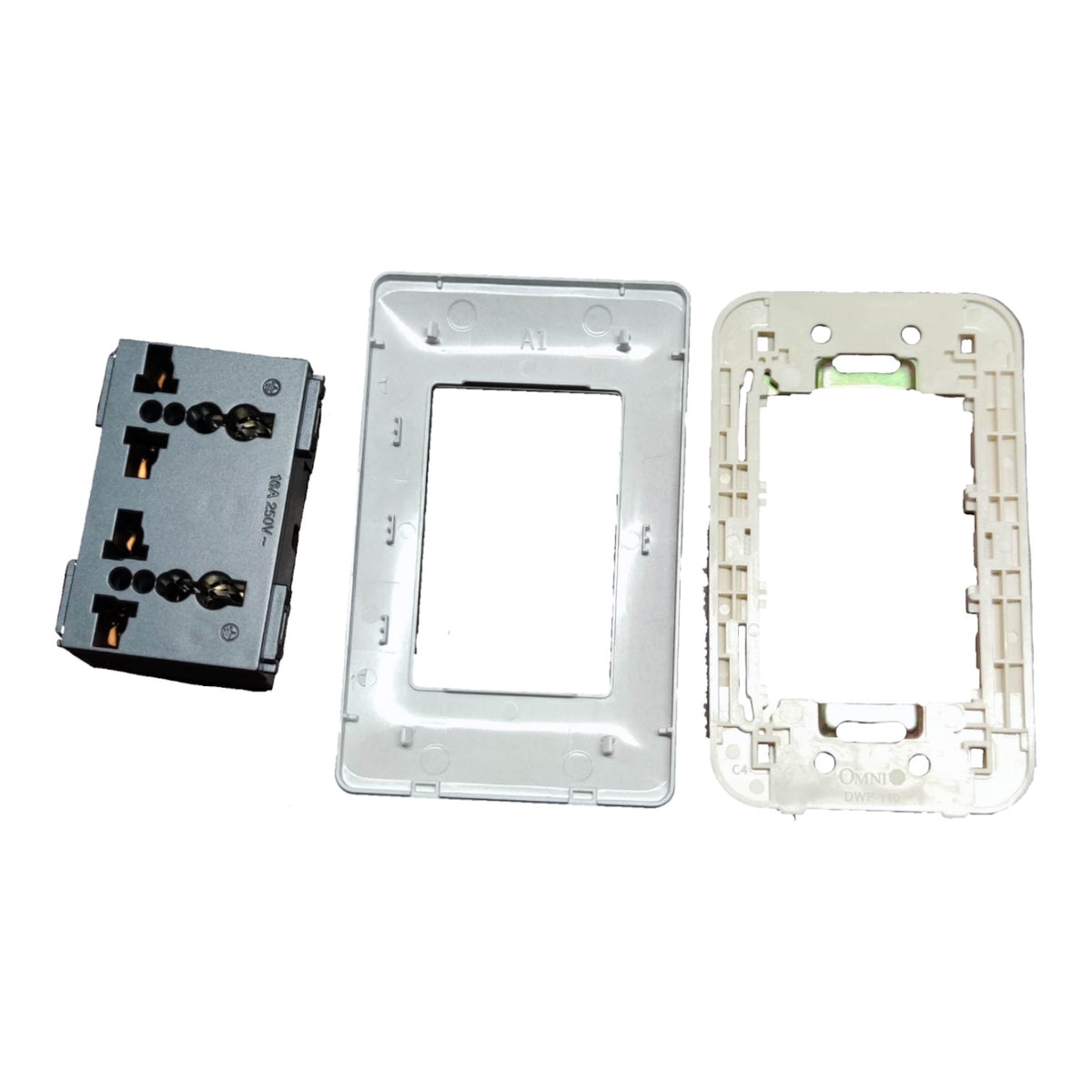 Three replacement wall switch components on a white background: a black dual-slot switch module, a silver rectangular frame, and a cream-colored plastic frame.