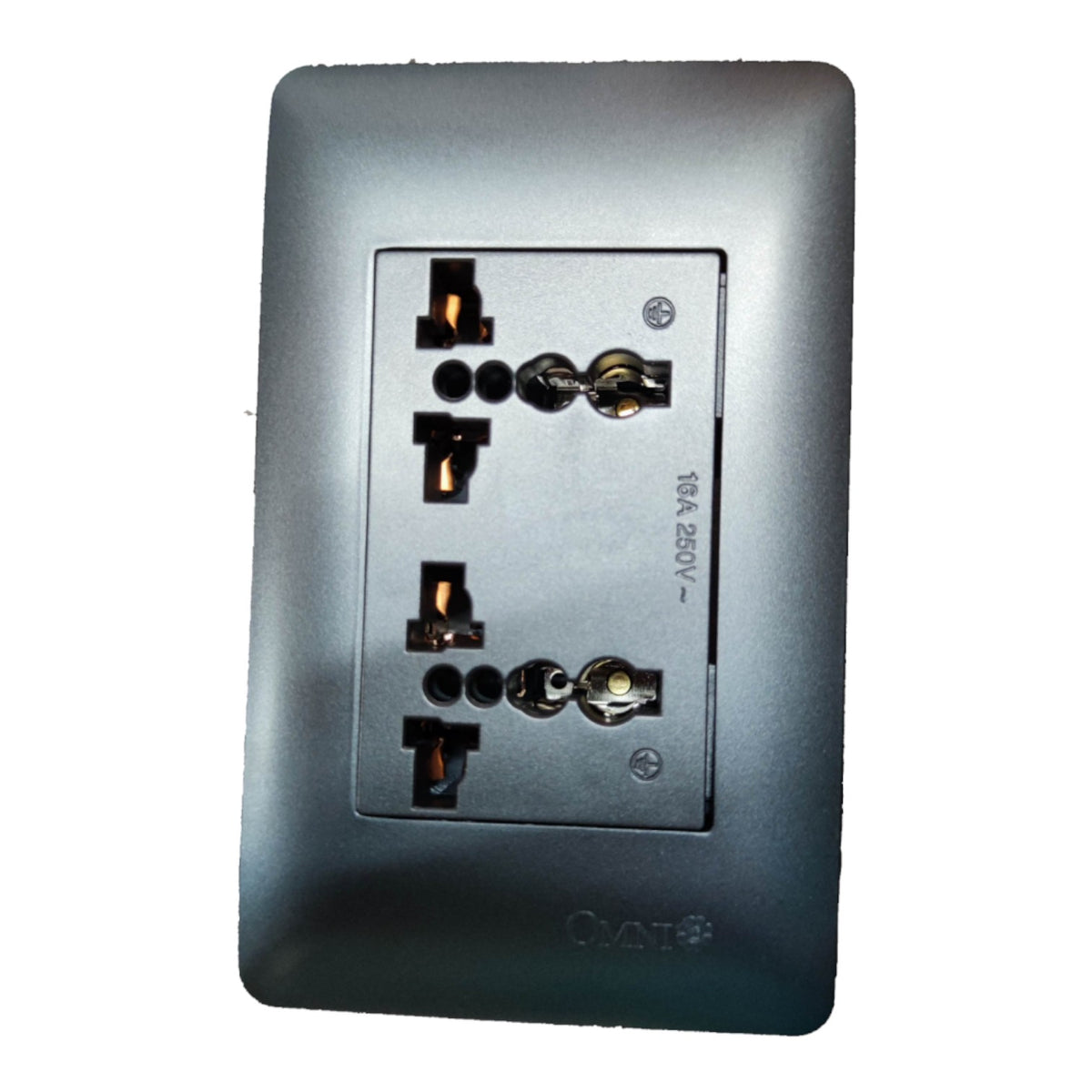 A dark gray wall-mounted electrical outlet panel with multiple sockets and a central metal plate, shown against a plain white background.