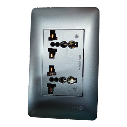 A dark gray wall-mounted electrical outlet panel with multiple sockets and a central metal plate, shown against a plain white background.