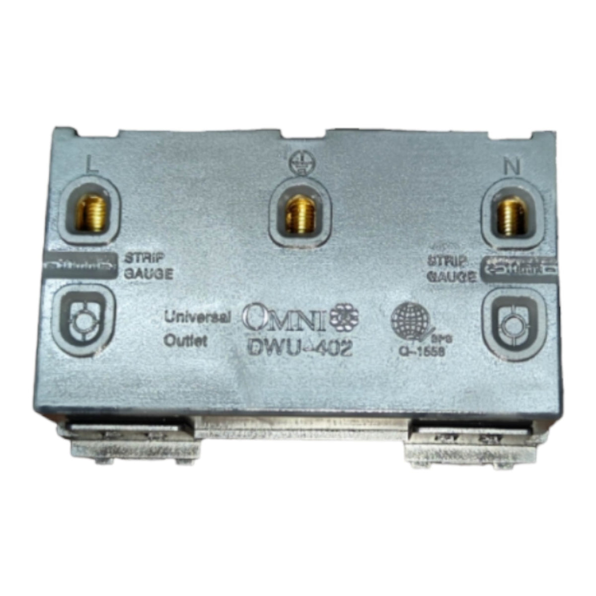 An Omni DWU-402 universal outlet electrical connector with a metallic silver-gray body, gold-colored screw terminals, and printed technical specifications on a white background.