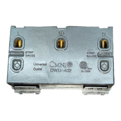 An Omni DWU-402 universal outlet electrical connector with a metallic silver-gray body, gold-colored screw terminals, and printed technical specifications on a white background.