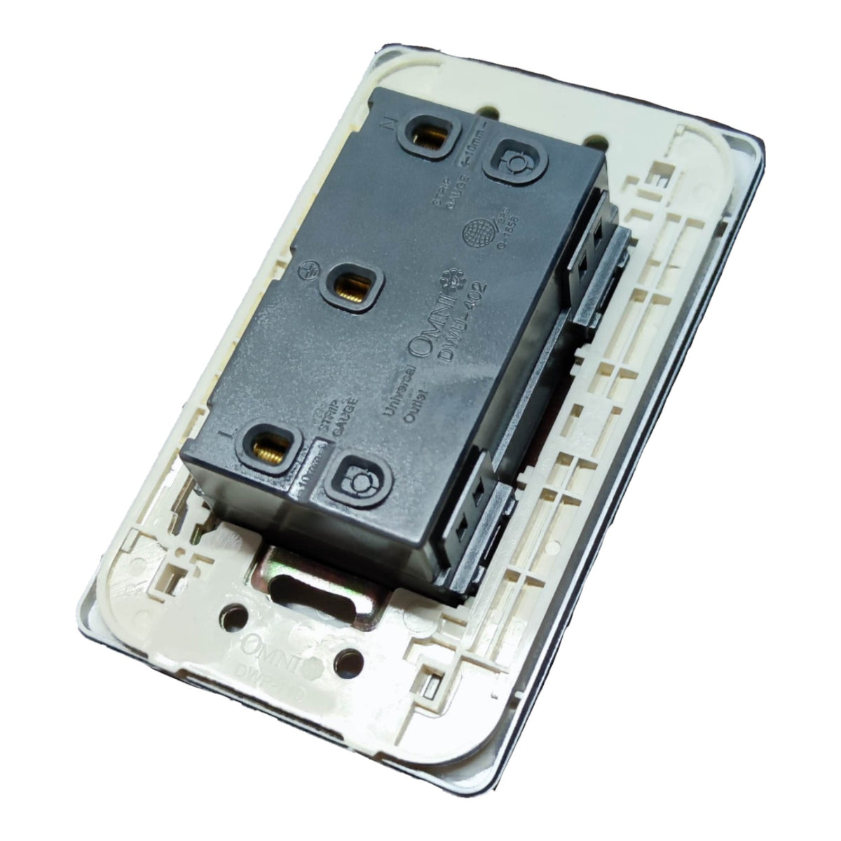 A close-up of a white electrical wall switch plate with its black and gray internal rocker mechanism exposed, photographed on a plain white background.