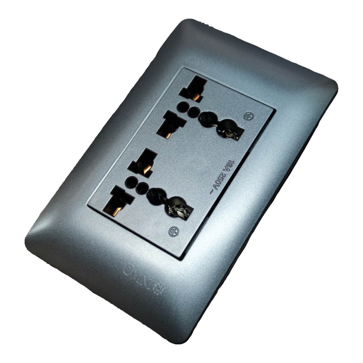 Omni 16A 250V Duplex Universal Outlet with Ground and Plate Designer Series Graphite DWU-402/DWP-113G