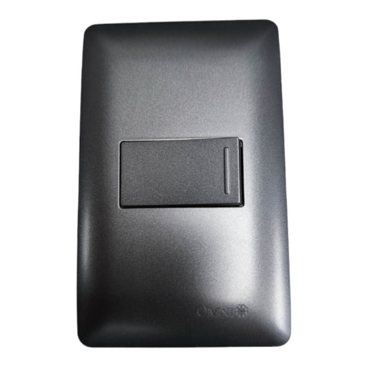 A black plastic modular wall switch plate with a single central rocker switch, shown against a plain white background.
