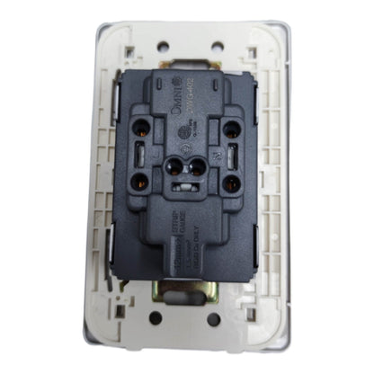 The back view of a white wall switch plate showing a black Omni 3-way light switch module, photographed on a solid white background.