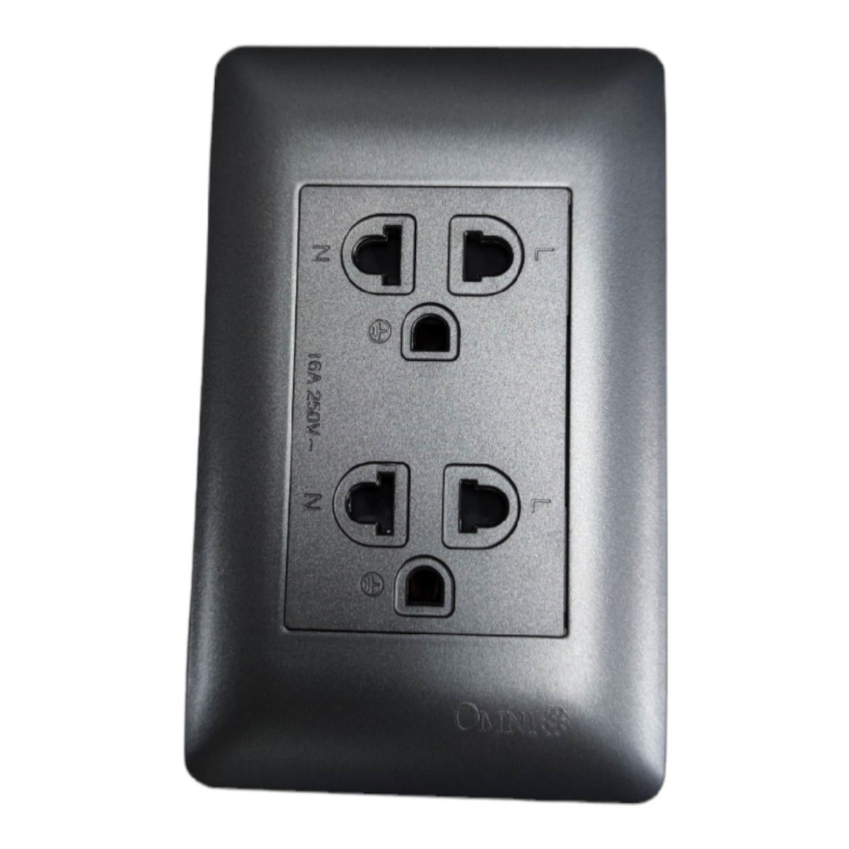 A black outdoor duplex outlet faceplate with a recessed center plate showing the outlet sockets and terminal labels, on a white background.