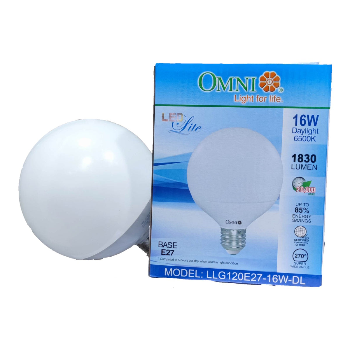 A white spherical LED light bulb shown next to its blue and white retail packaging box, branded Omni, on a plain white background.