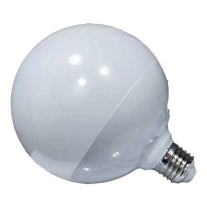 A large spherical frosted white LED light bulb with a silver screw base, shown on a plain white background.