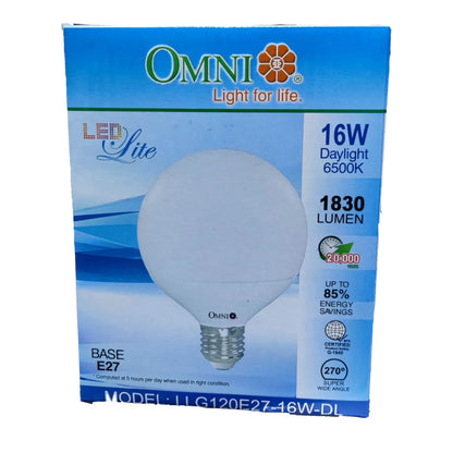 OMNI LED Lite 16W A19 globe LED light bulb in its original blue and white retail packaging, showing the E27 screw base and product specifications.