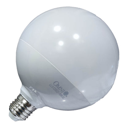 A large spherical LED globe light bulb with a silver E14 screw base, featuring the brand name 'OMNI' printed on the lower half of the white glass shade.