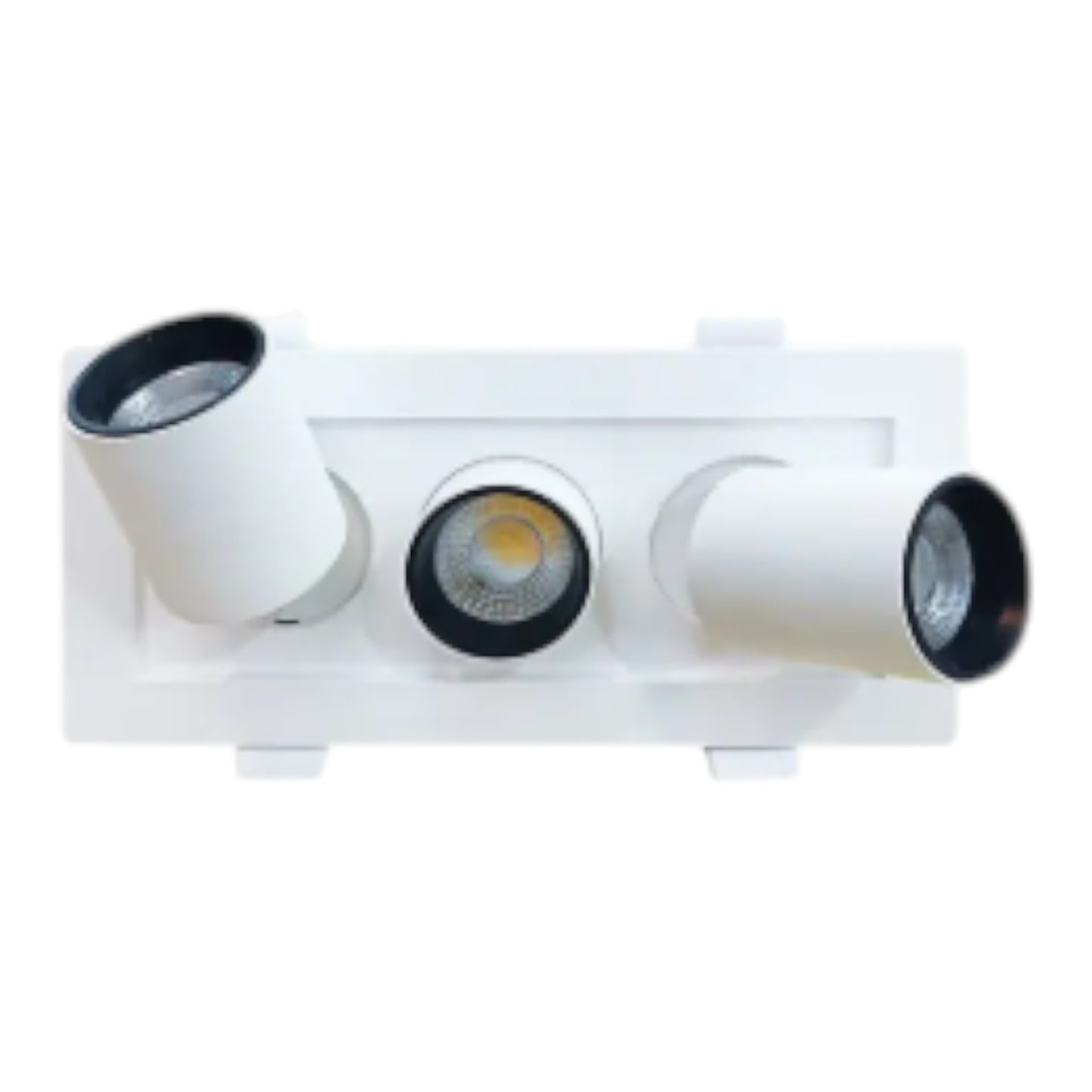 A three-light track ceiling fixture in white with adjustable cylindrical heads and black trim, shown against a plain white background.
