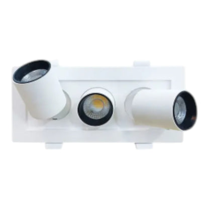 A three-light track ceiling fixture in white with adjustable cylindrical heads and black trim, shown against a plain white background.