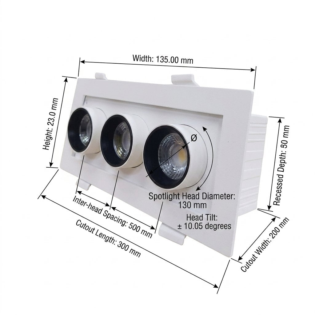White recessed spotlight ceiling fixture shown with dimension annotations, including width 135.00 mm, height 23.