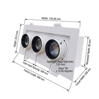White recessed spotlight ceiling fixture shown with dimension annotations, including width 135.00 mm, height 23.