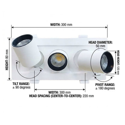 A white three-light linear ceiling fixture with dimension annotations showing width, height, tilt range, pivot range, and head spacing on a plain white background.