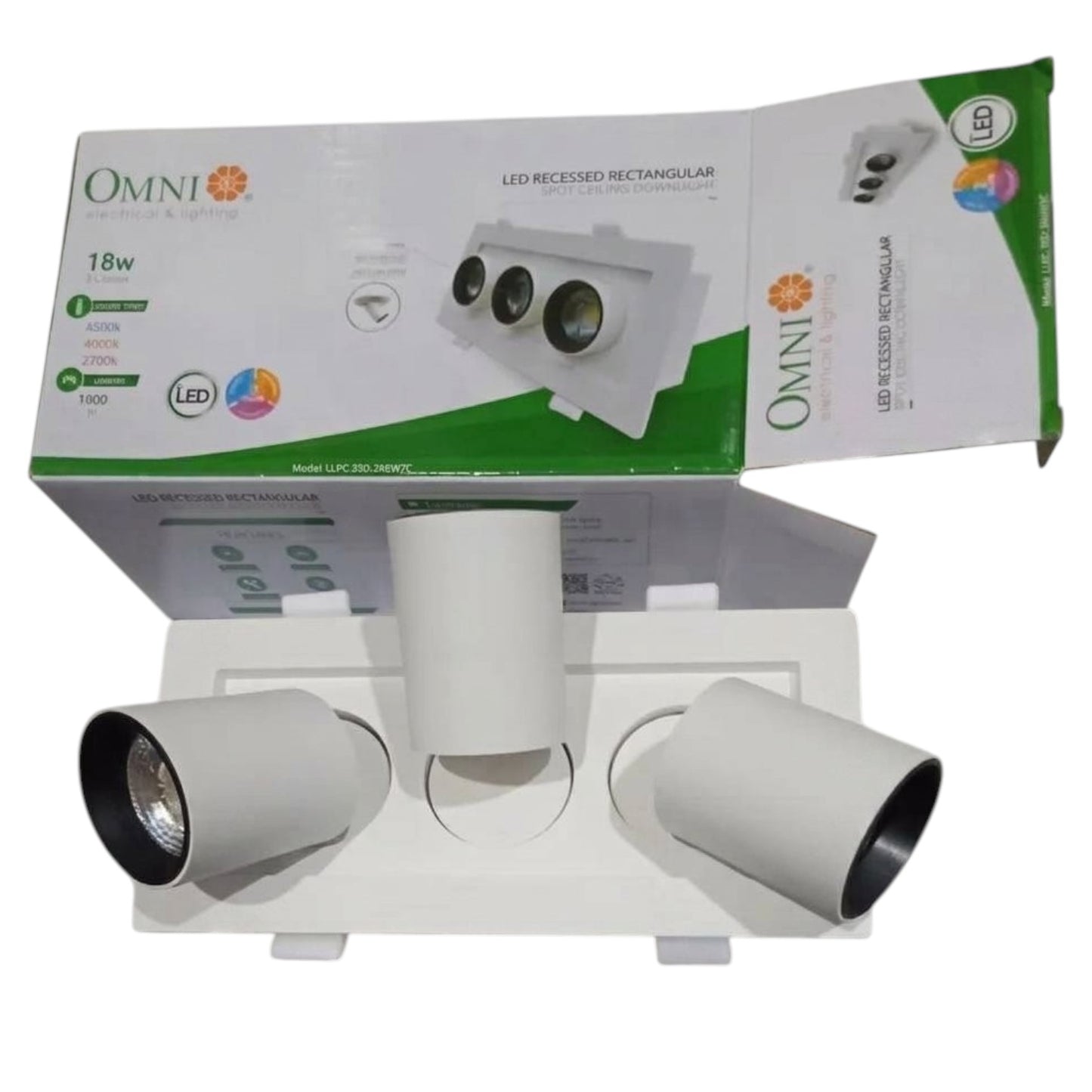OMNI brand 18W LED recessed rectangular track light in a three-head white mounting kit, shown with its retail packaging box on a white background.
