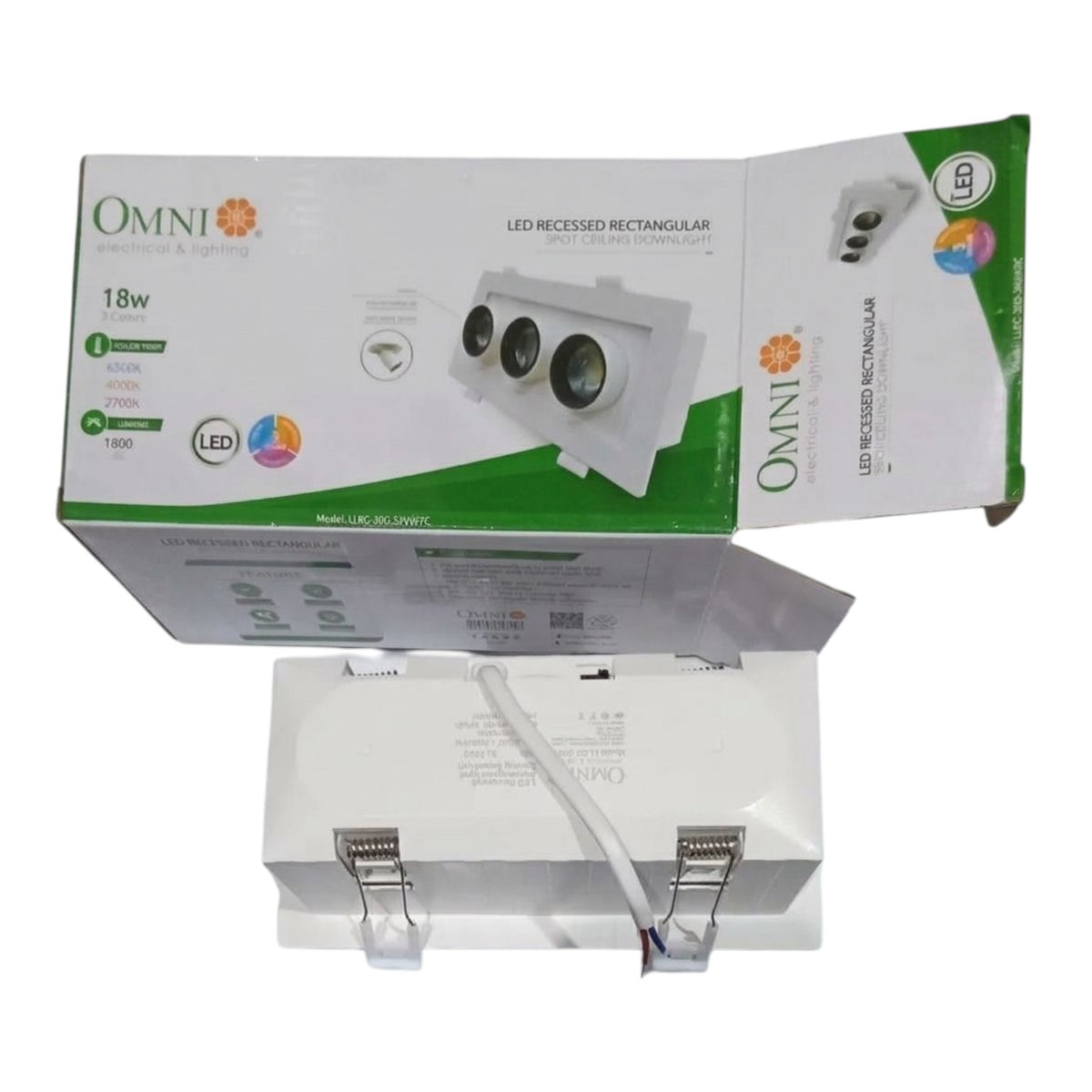 OMNI Lighting recessed LED light fixture shown with its retail box and the white metal mounting bracket below on a plain white background.